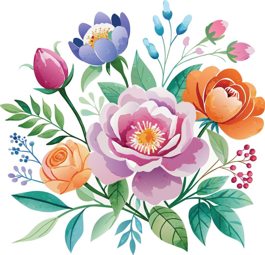 Watercolor Flower bouquet with roses, peonies and leaves. Vector illustration.