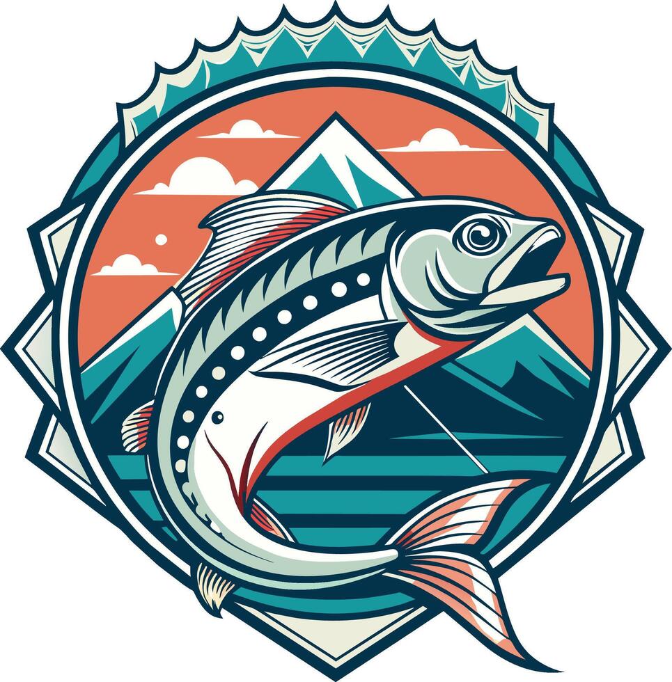 Illustration of a rainbow trout fish with mountains in the background  retro style. vector
