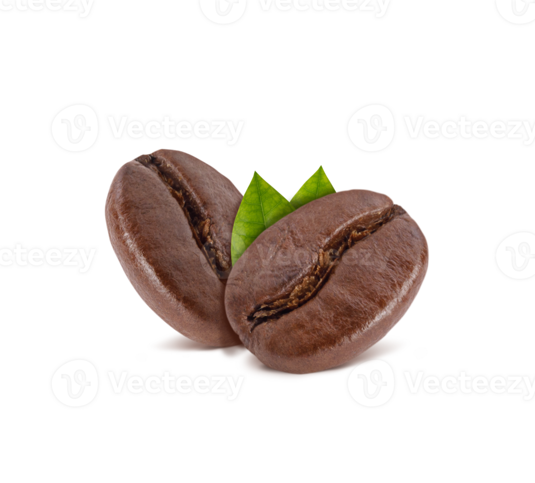 Roasted coffee beans with leaves on desk studio shot, Healthy products by organic natural ingredients concept, PNG transparency with shadow