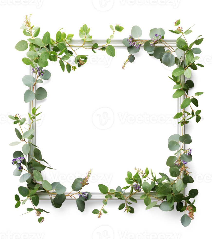 AI generated White photo frame intertwined with a colorful flower and eucalyptus green leaves arrangement, Decorative your picture with floral and leaf, AI generated, PNG transparent with shadow