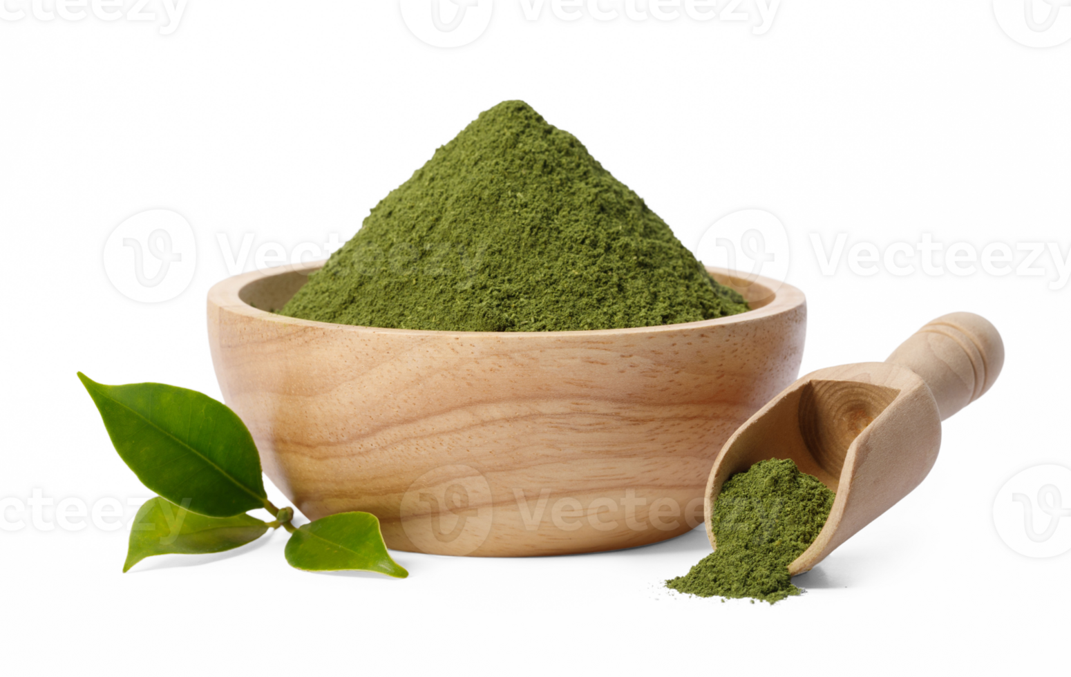Matcha green tea powder in bowl with Organic green tea leaves, Organic product from the nature for healthy with traditional style, PNG transparency with shadow