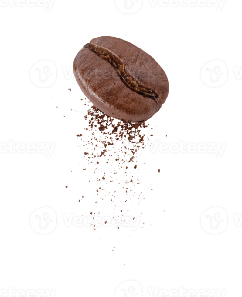 Flying whirl roasted coffee beans in the air with coffee powder studio shot, Healthy products by organic natural ingredients concept, PNG transparency