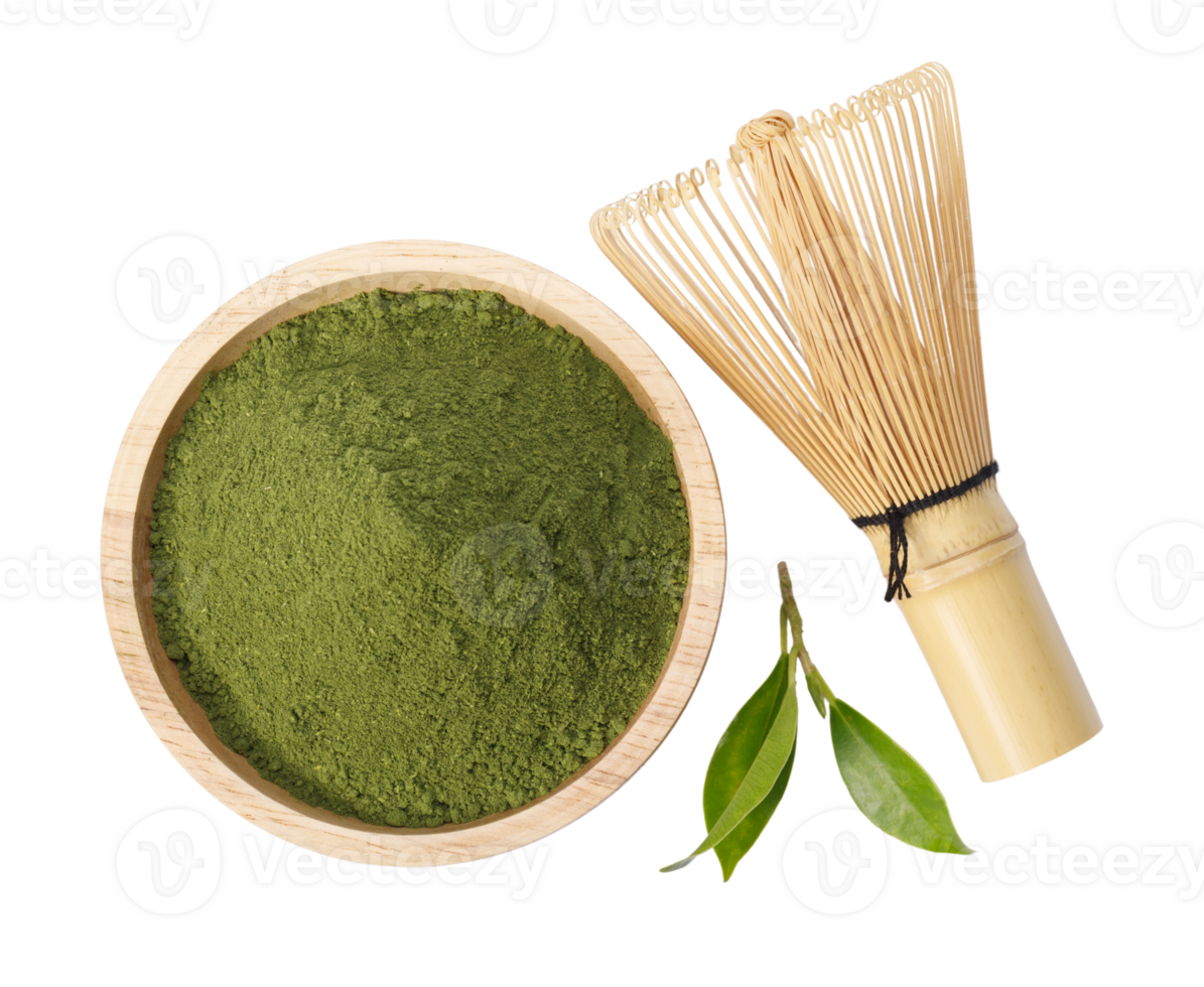 Matcha green tea powder in bowl with Organic green tea leaves and japanese wire whisk, Organic