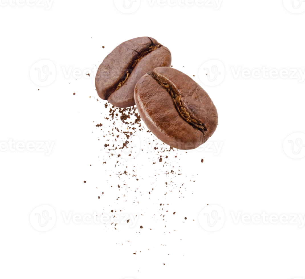 Flying whirl roasted coffee beans in the air with coffee powder studio shot, Healthy products by organic natural ingredients concept, PNG transparency with shadow