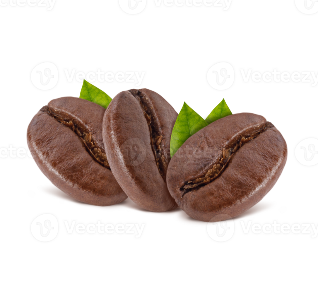 Roasted coffee beans with leaves on desk studio shot, Healthy products by organic natural ingredients concept, PNG transparency with shadow