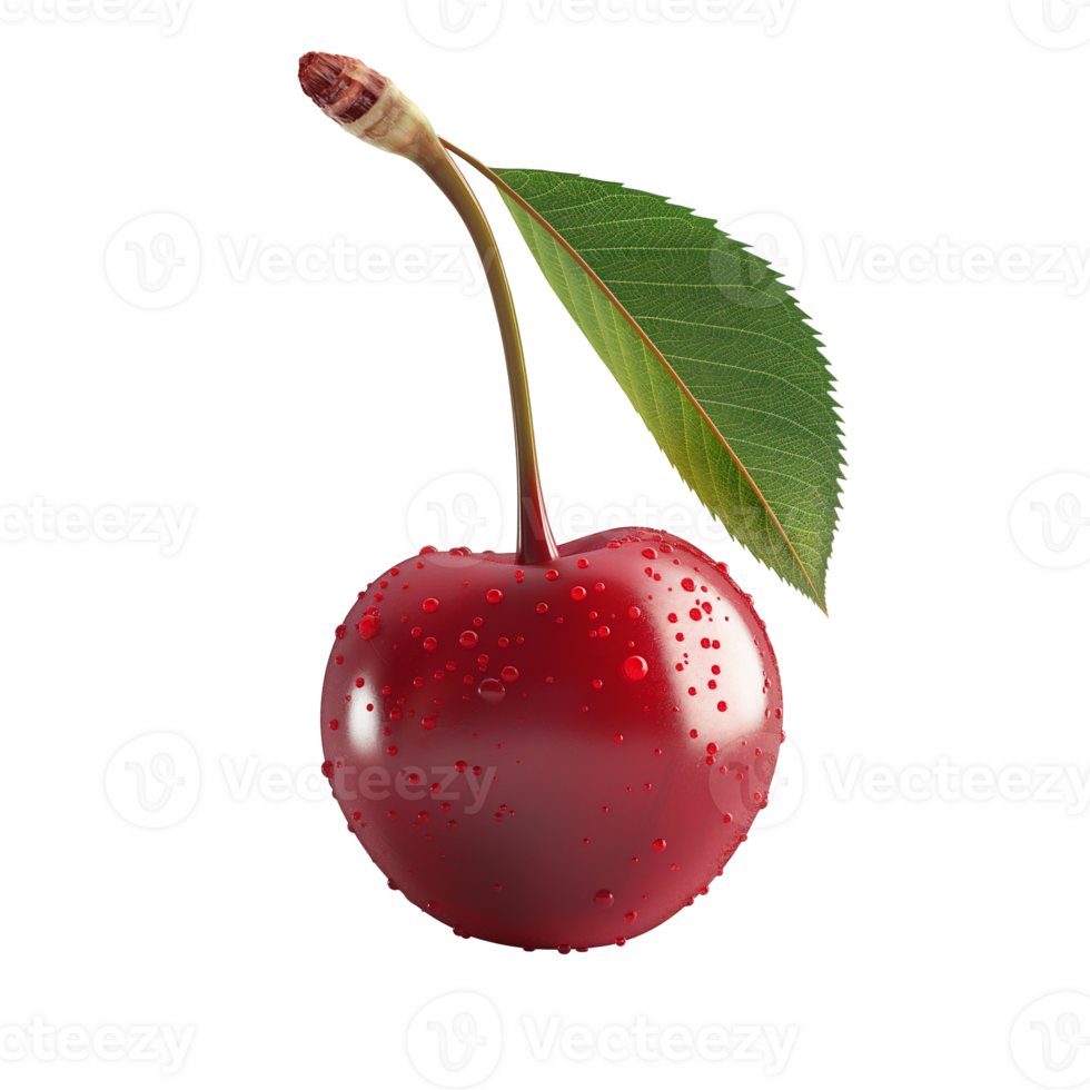 AI generated Red cherry with cherry leaves isolated on white background, Healthy organic berry natural ingredients concept, AI generated, PNG transparent with shadow