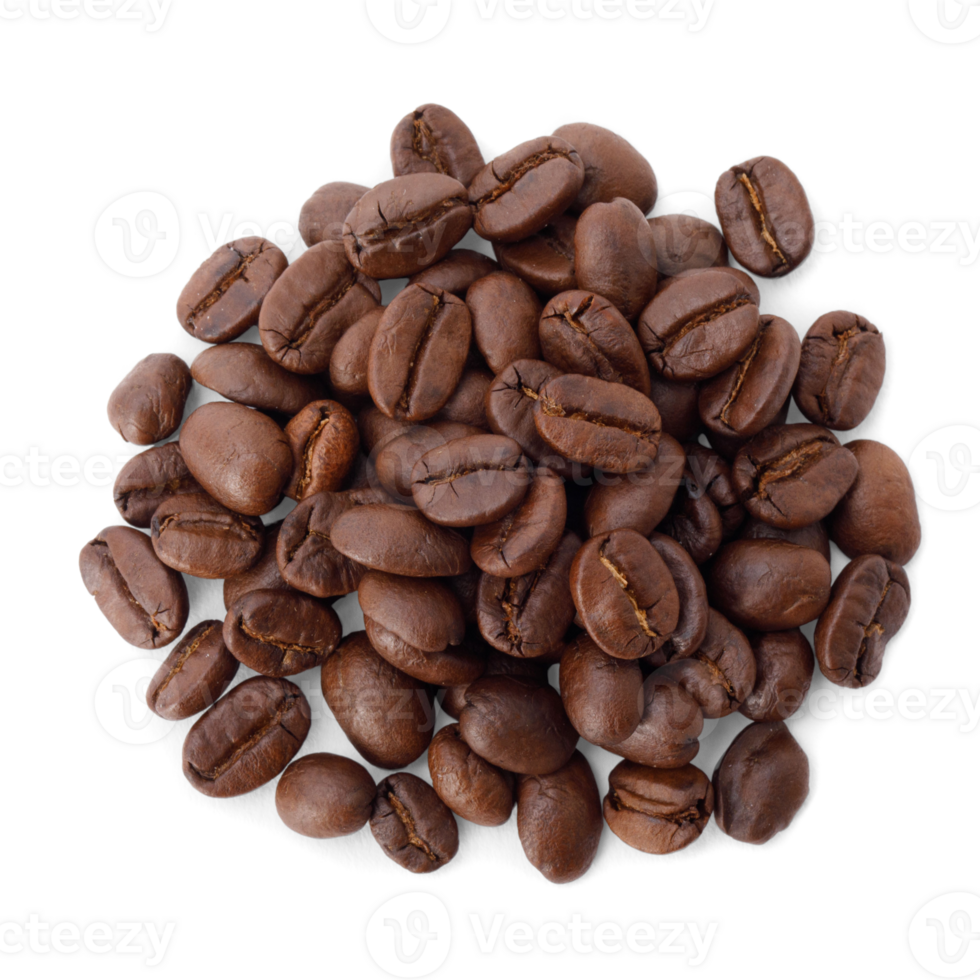 Roasted coffee beans on desk studio shot, Top view, Healthy products by organic natural ingredients concept, PNG transparency with shadow