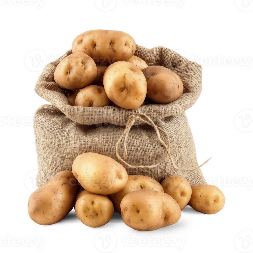 AI generated Fresh organic potatoes in bag sacks isolated on white background, healthy and organic food, AI generated, PNG transparent with shadow