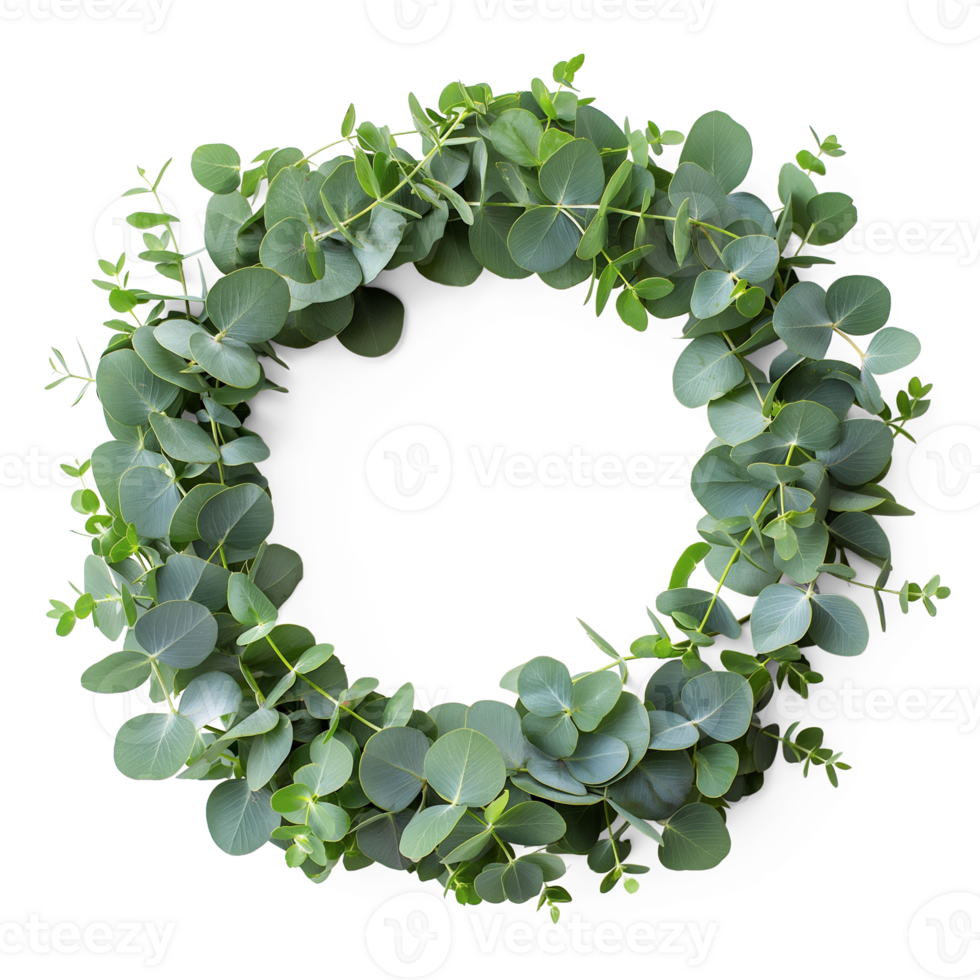 AI generated Circle frame by eucalyptus green leaves, Christmas wreath frame adorned with leaf, AI generated, PNG transparent with shadow