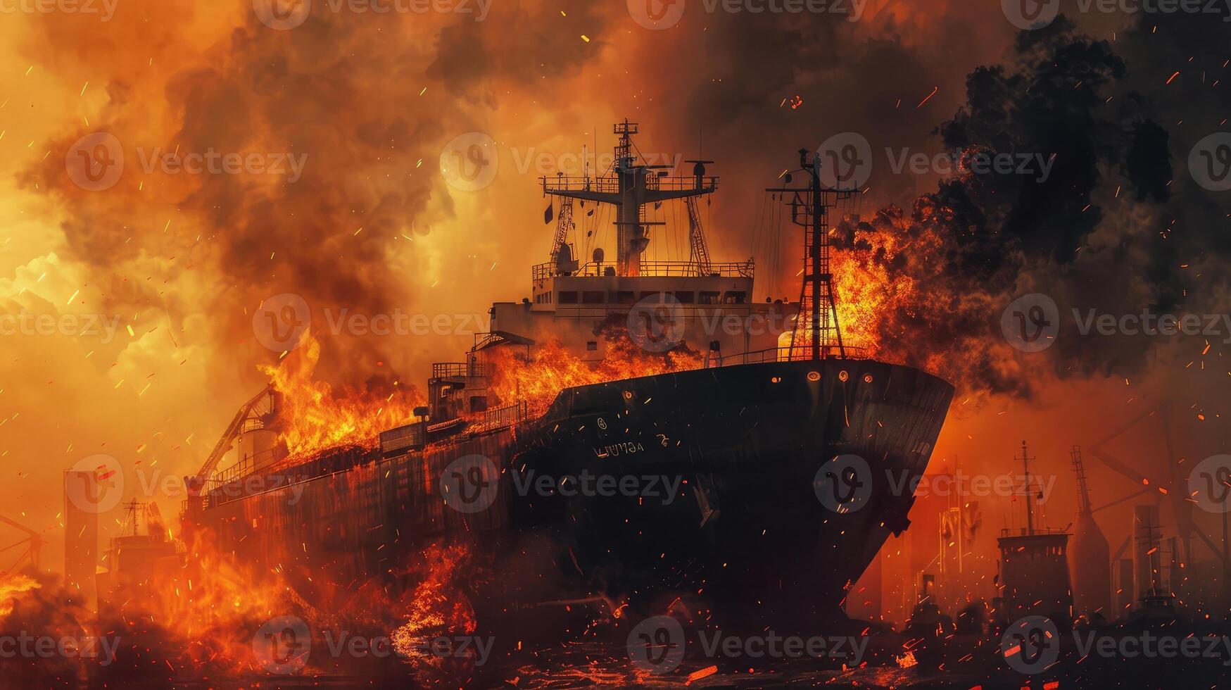 AI generated fire in the seaport burning ship, cargo ship. photo