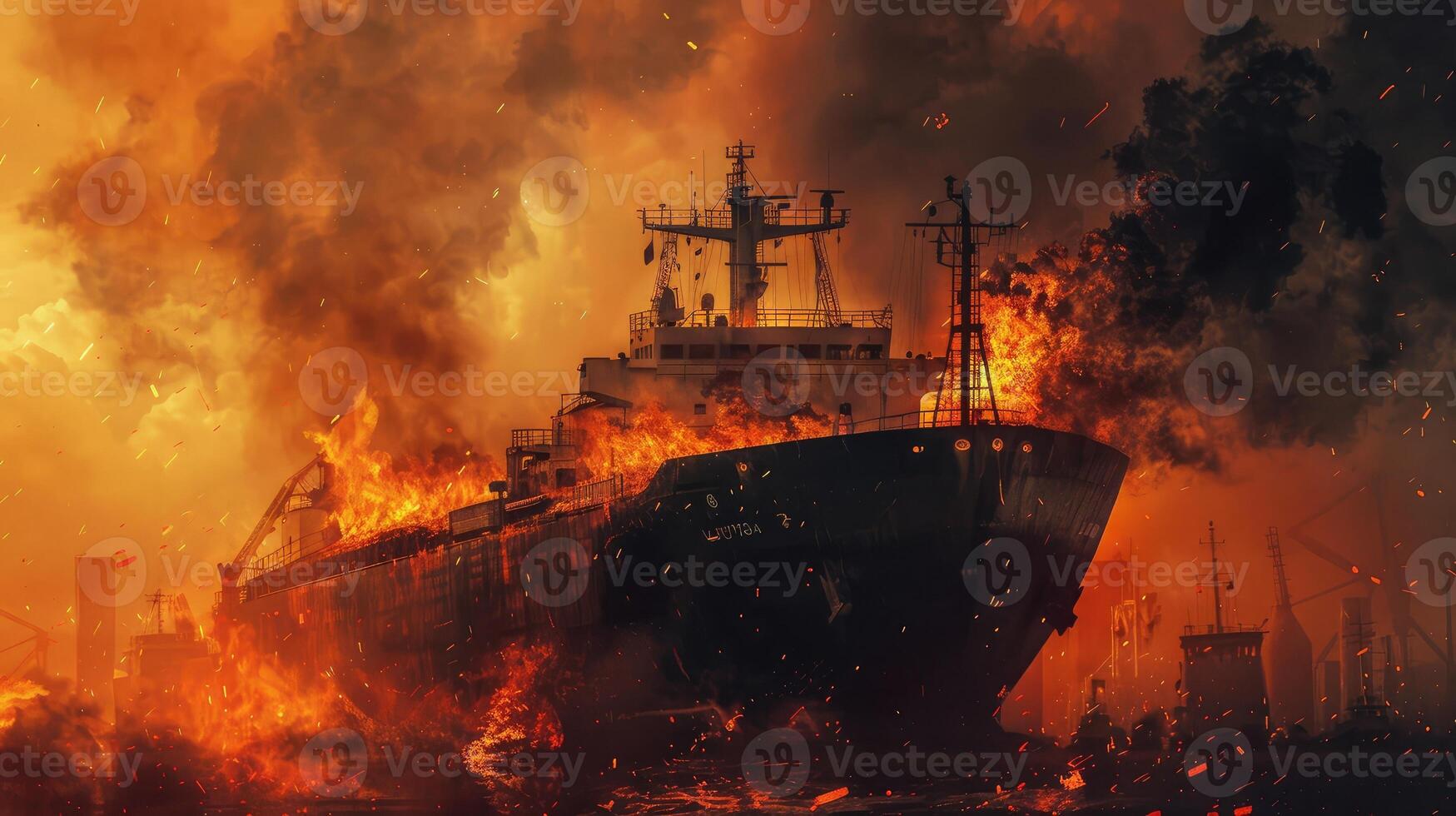 ai generado fuego en el puerto marítimo ardiente barco, carga barco. foto