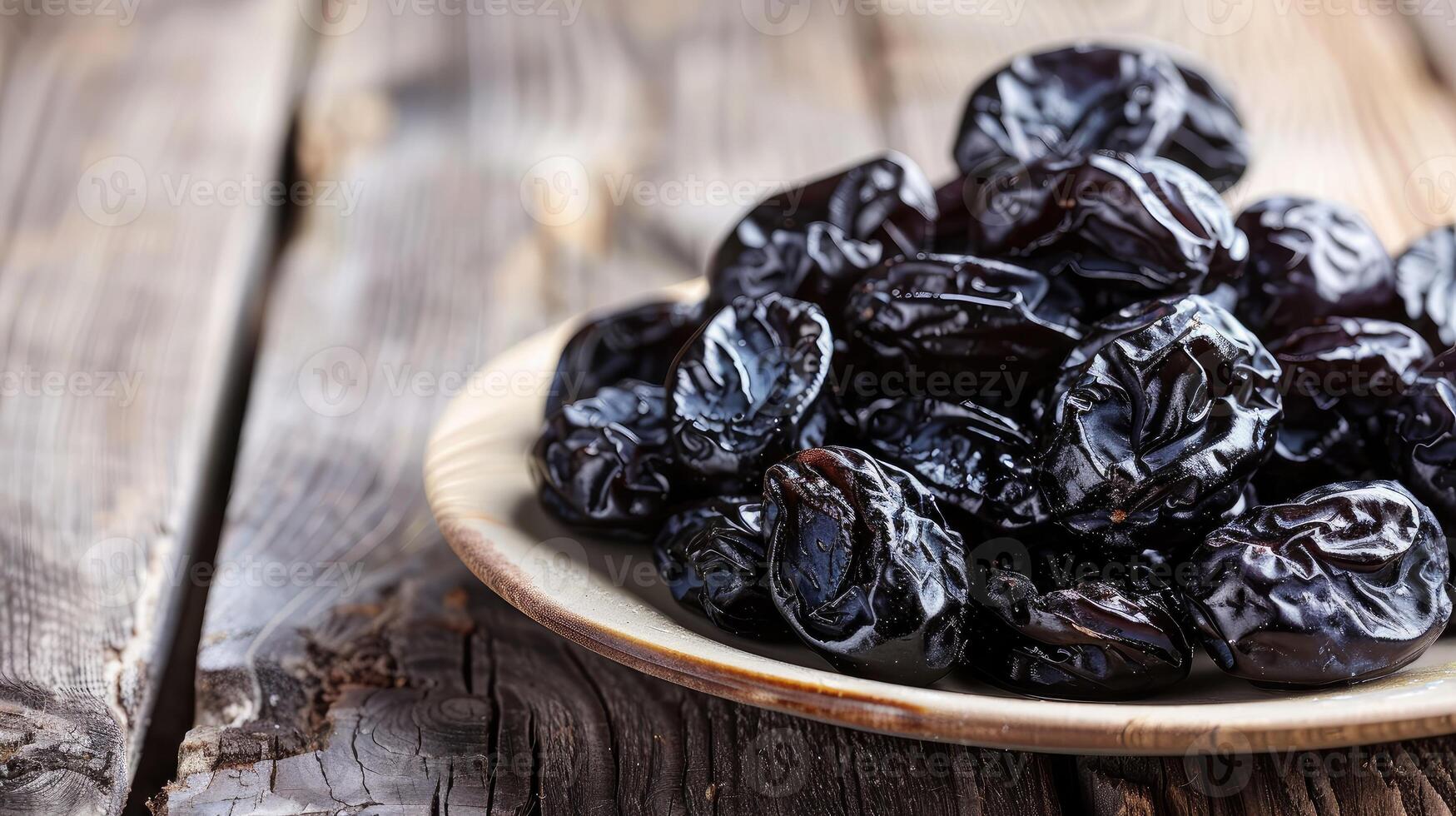 AI generated a pile of prunes on plate on a wooden table in the kitchen close-up photo