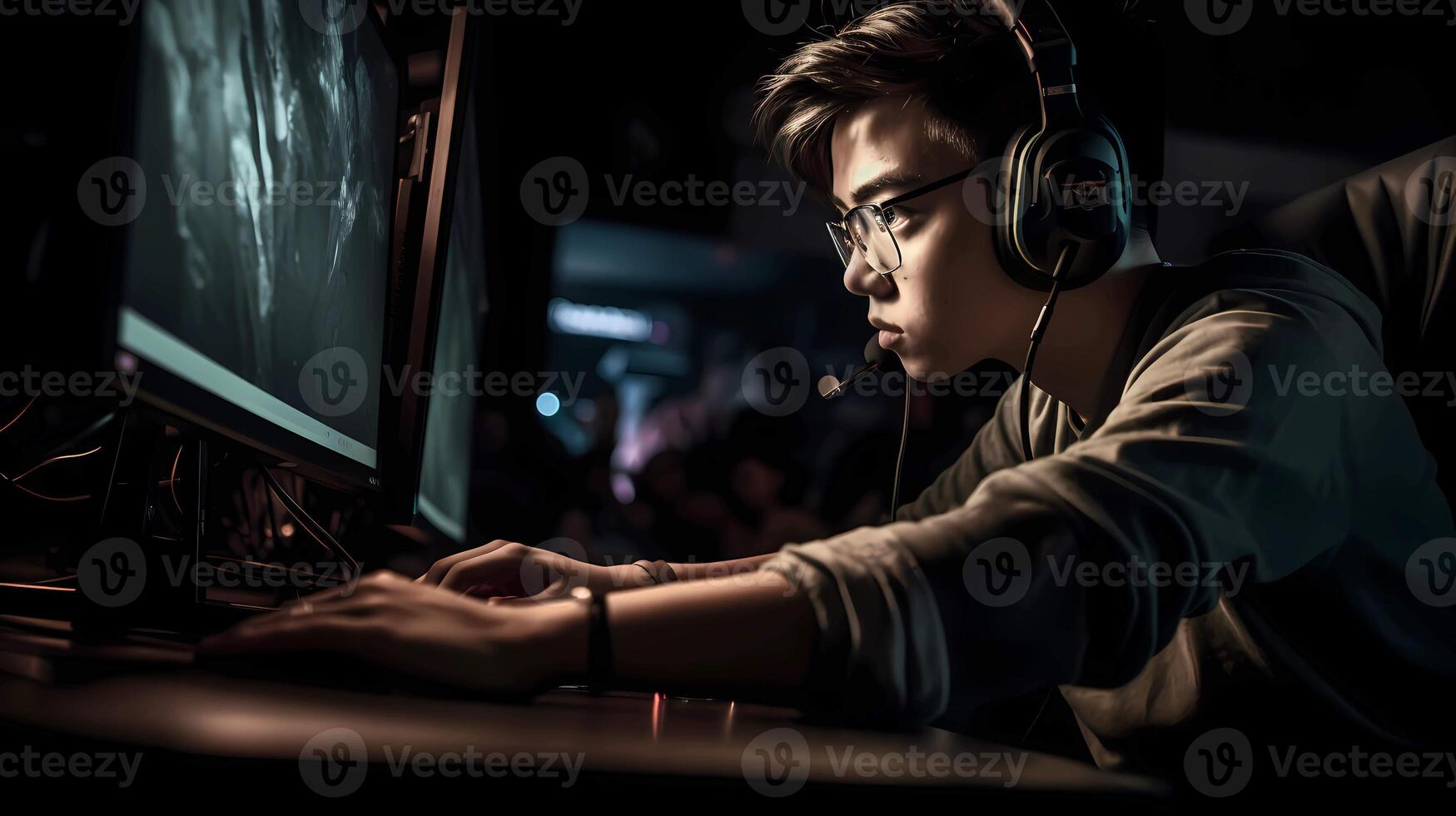 AI generated A young gamer competing in an esports tournament photo