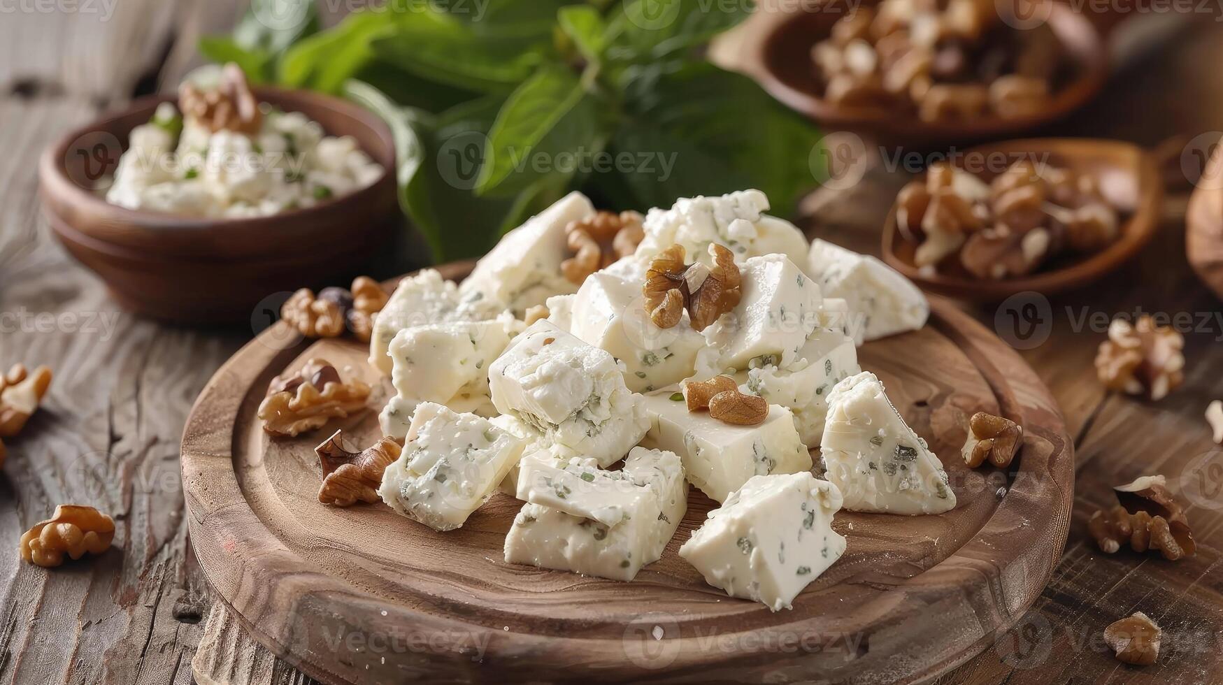 AI generated Gorgonzola with walnuts on wooden board. photo