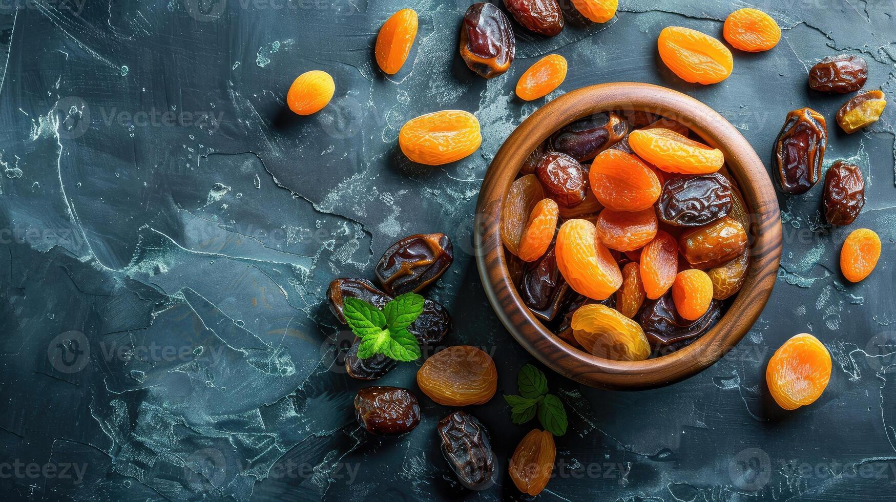 AI generated dates and dried apricot on gray background top view photo