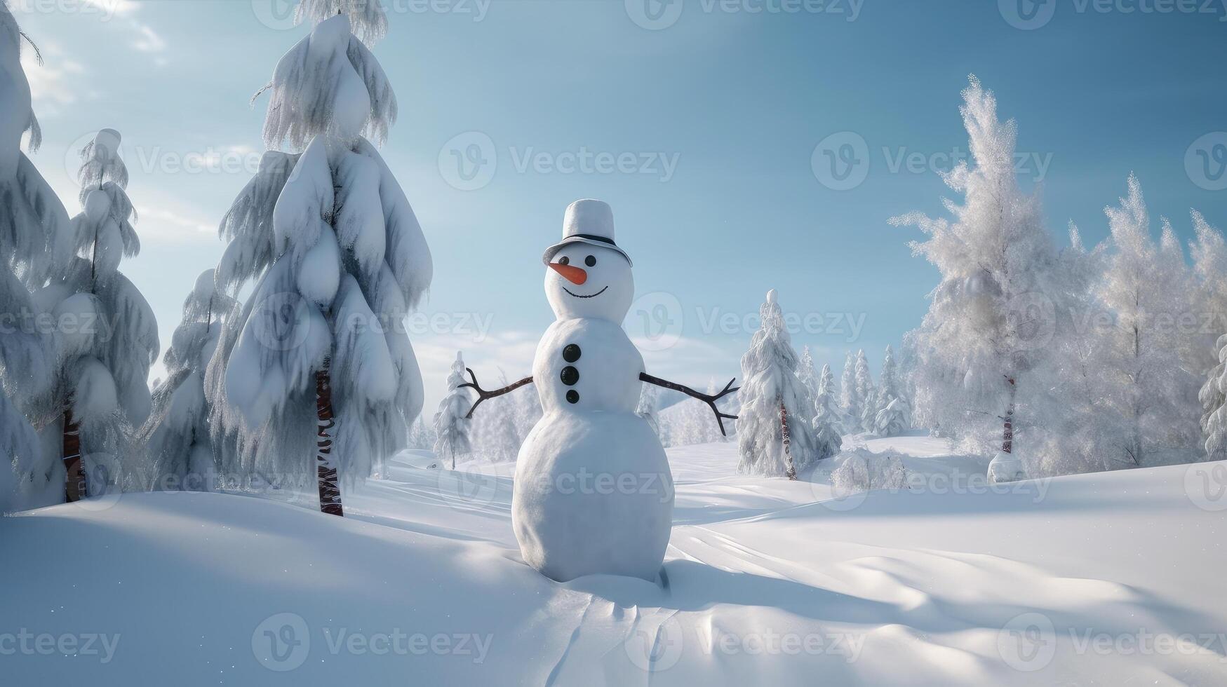 AI generated Snowman standing in winter. Little snowman made outside. Morning light, Winter landscape photo