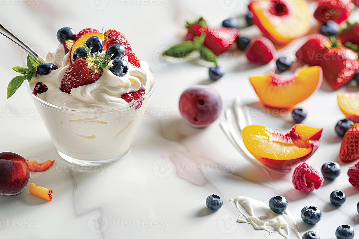 AI generated background with yogurt, strawberries, peaches and blueberries photo