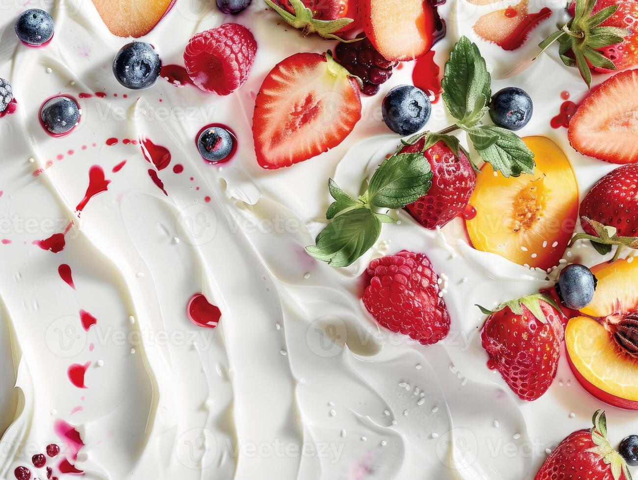 AI generated background with yogurt, strawberries, peaches and blueberries photo