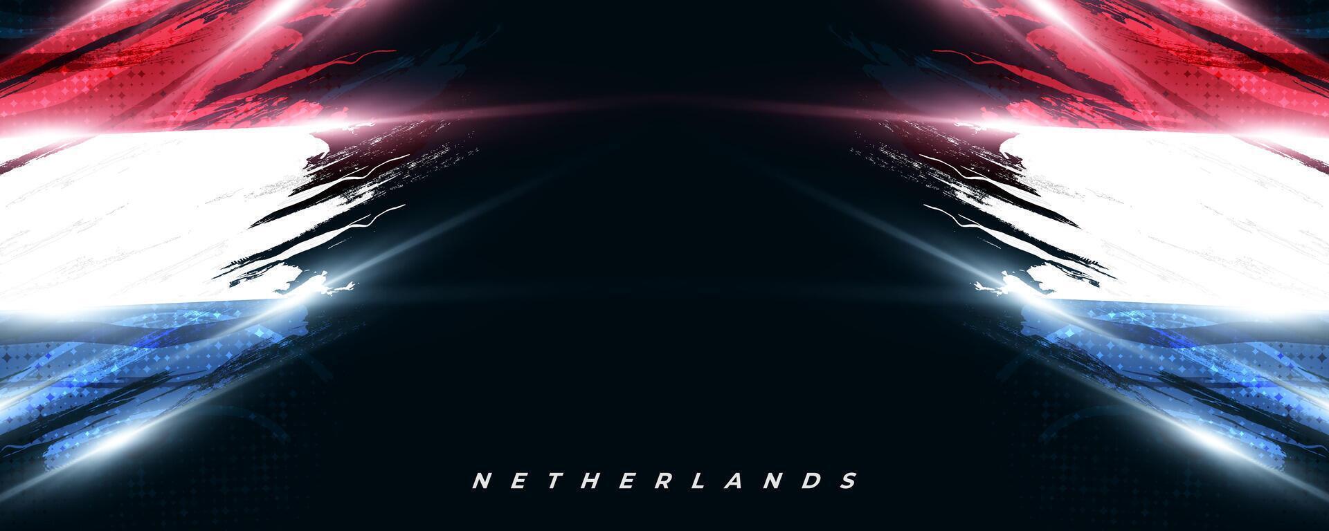 Netherlands Flag in Brush Paint Style with Halftone and Shining Light Effects. The Flag of Netherlands in Grunge Brush Style vector