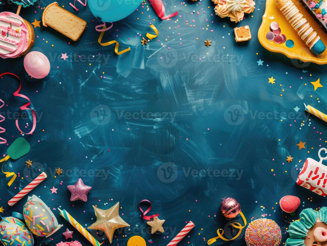 AI generated Colorful birthday background with multicolor party items photo