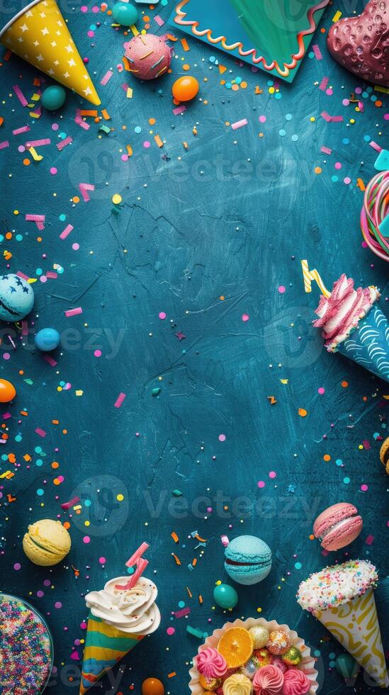 AI generated Colorful birthday background with multicolor party items photo