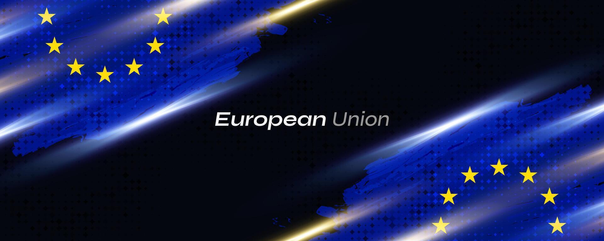 European Union Flag in Brush Paint Style with Halftone and Glowing Light Effects. Flag of Europe with Grunge Concept vector