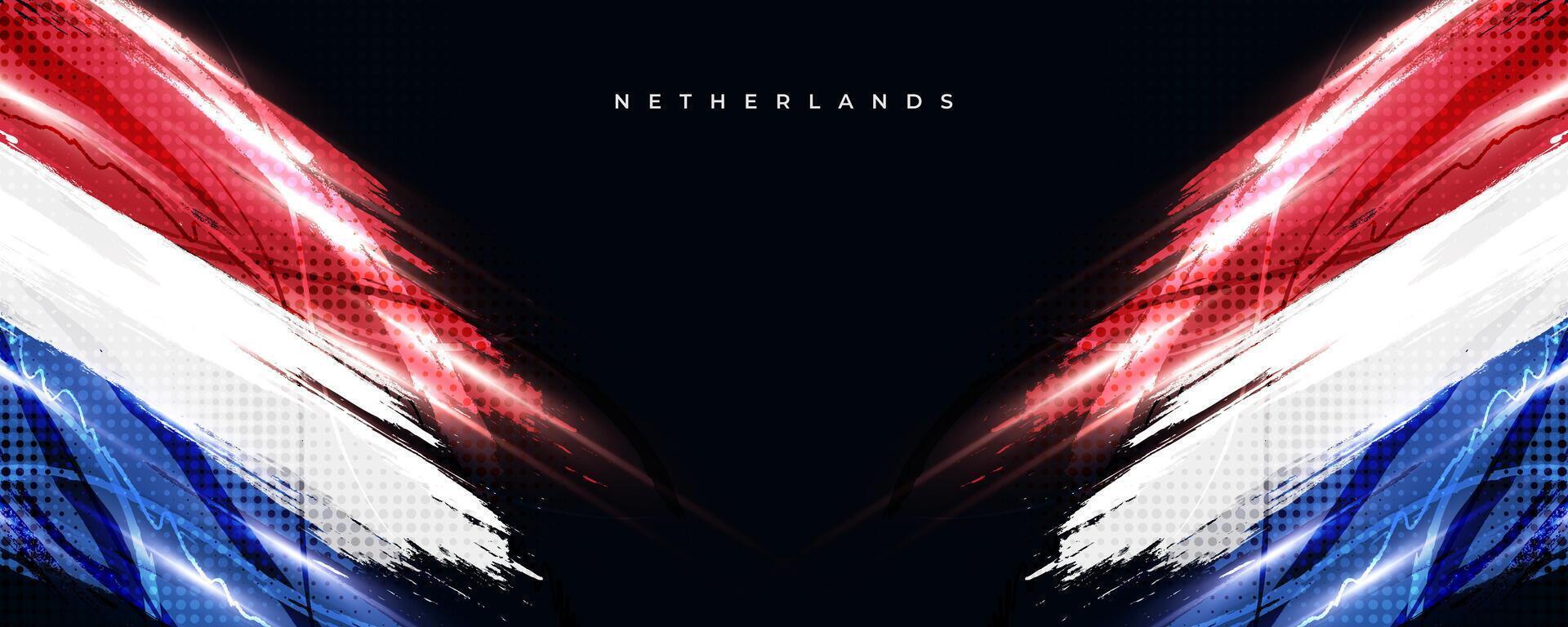 Netherlands Flag in Brush Paint Style with Halftone and Shining Light Effects. The Flag of Netherlands in Grunge Brush Style vector
