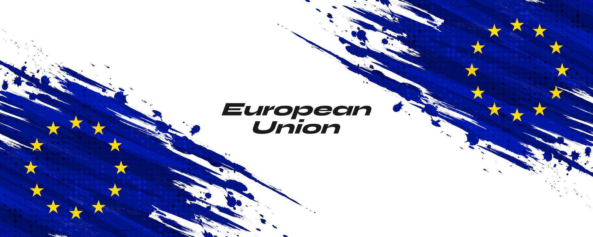 European Union Flag in Brush Paint Style with Halftone Effect. Flag of Europe with Grunge Concept vector