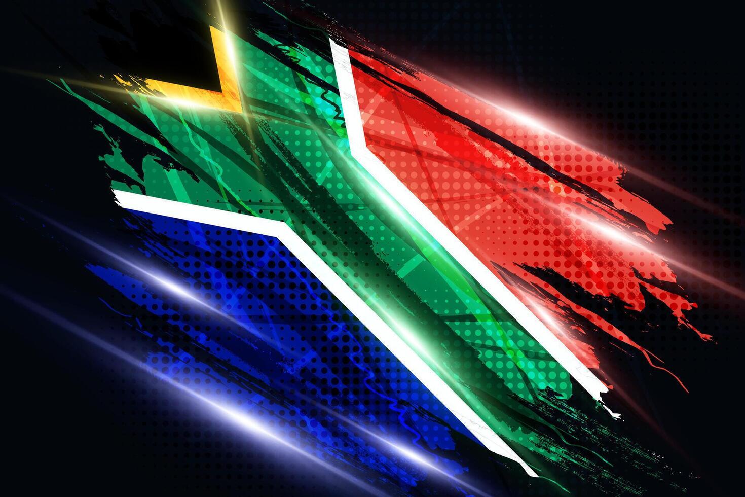 South Africa Flag with Brush Paint Style, Halftone and Glowing Light Effect. South Africa Flag Background with Grunge Concept vector