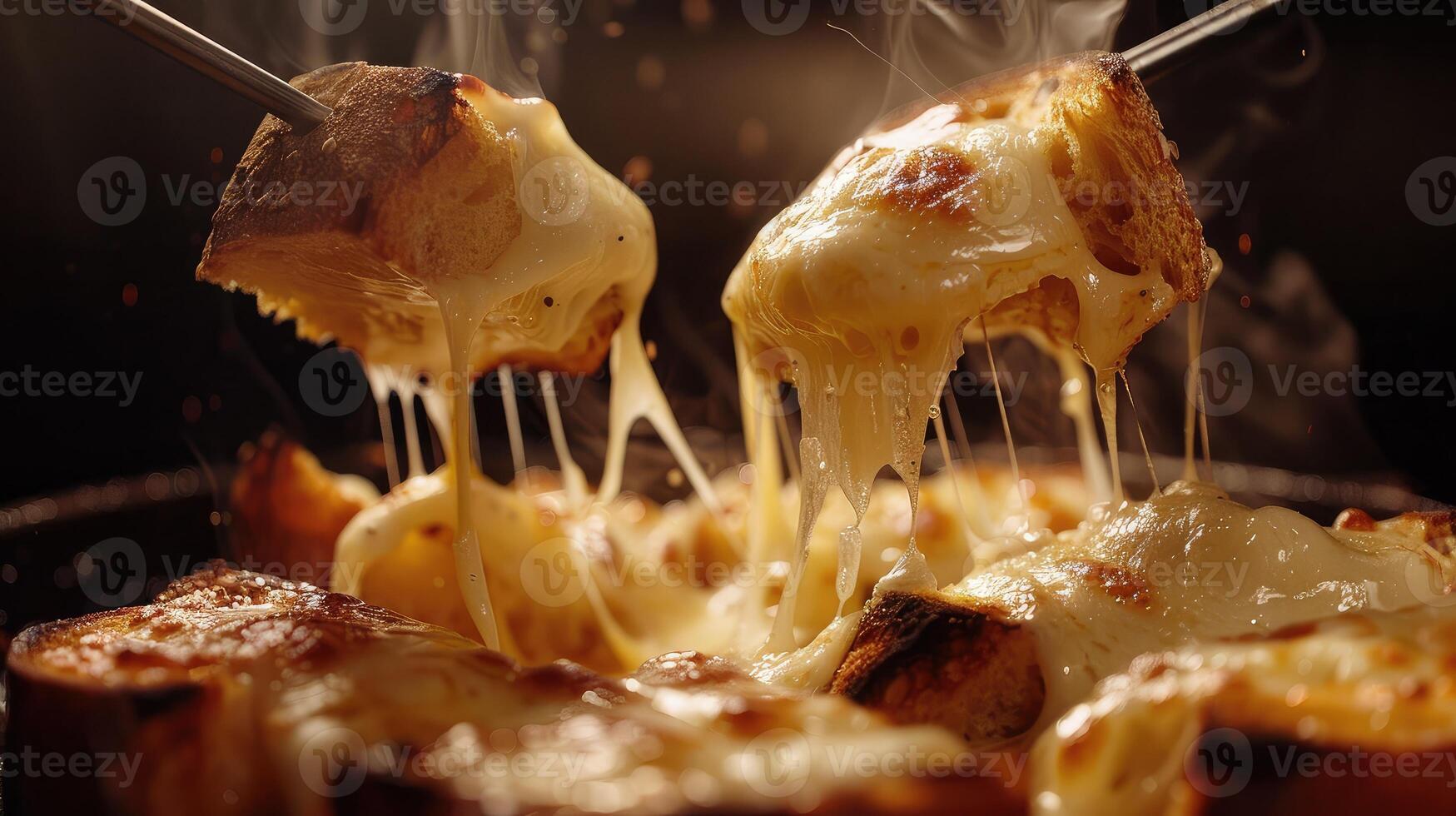 ai generado inmersión tostado un pan dentro un caliente queso fondue goteo desde el tenedores en un oscuro antecedentes. foto