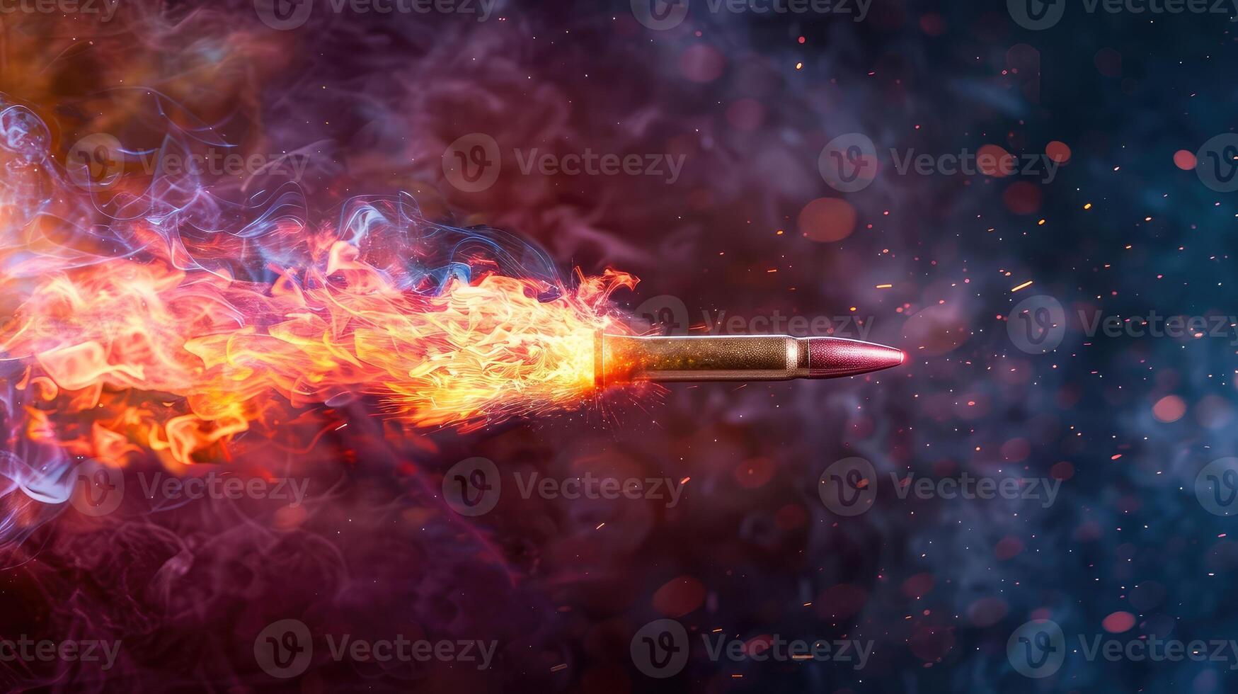 AI generated A single bullet in motion with a trail of smoke and fire against a dark background photo