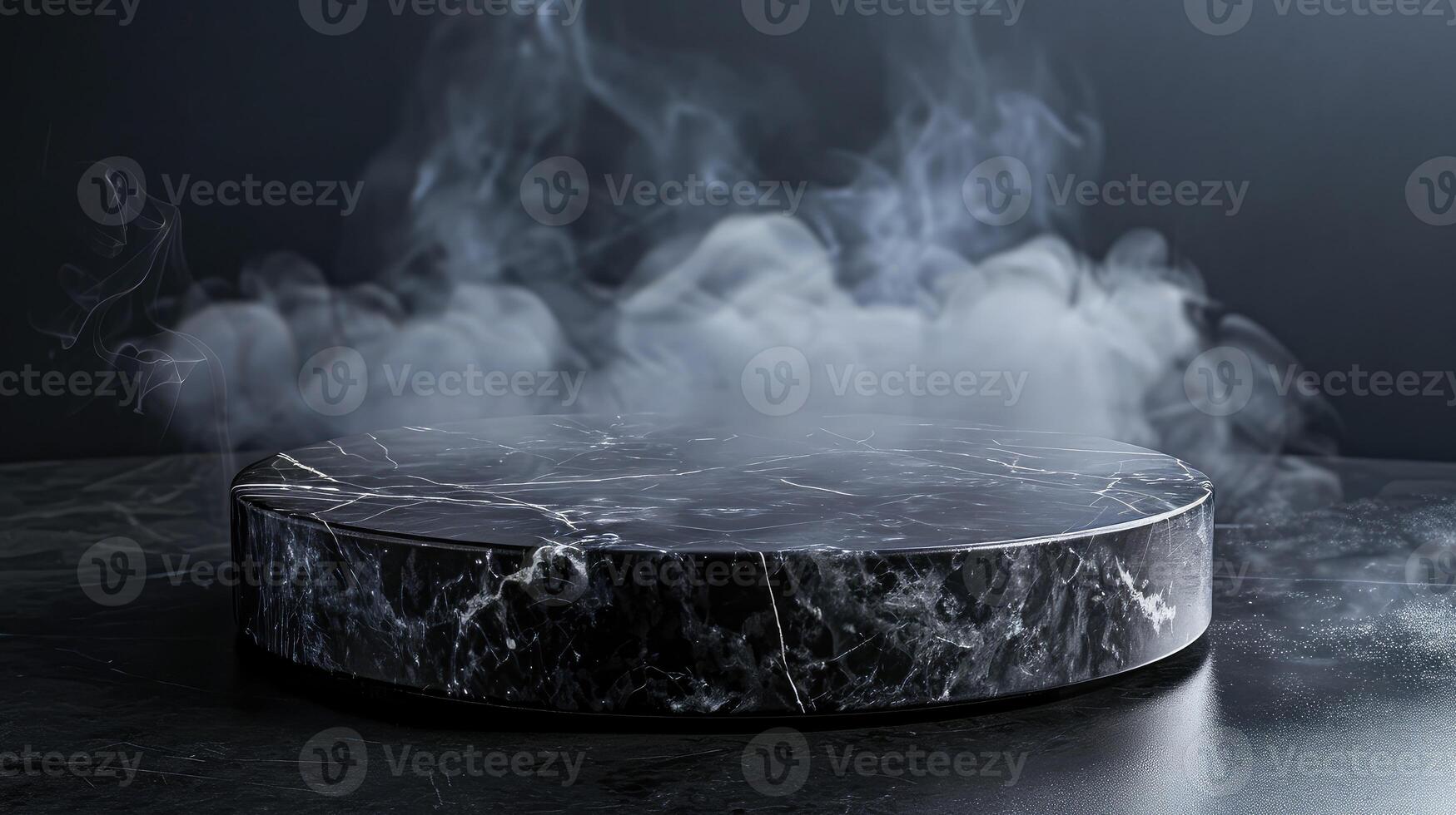 AI generated A sleek black marble stone podium, enhanced with a captivating smoke effect, ideal for product presentations and displays. photo