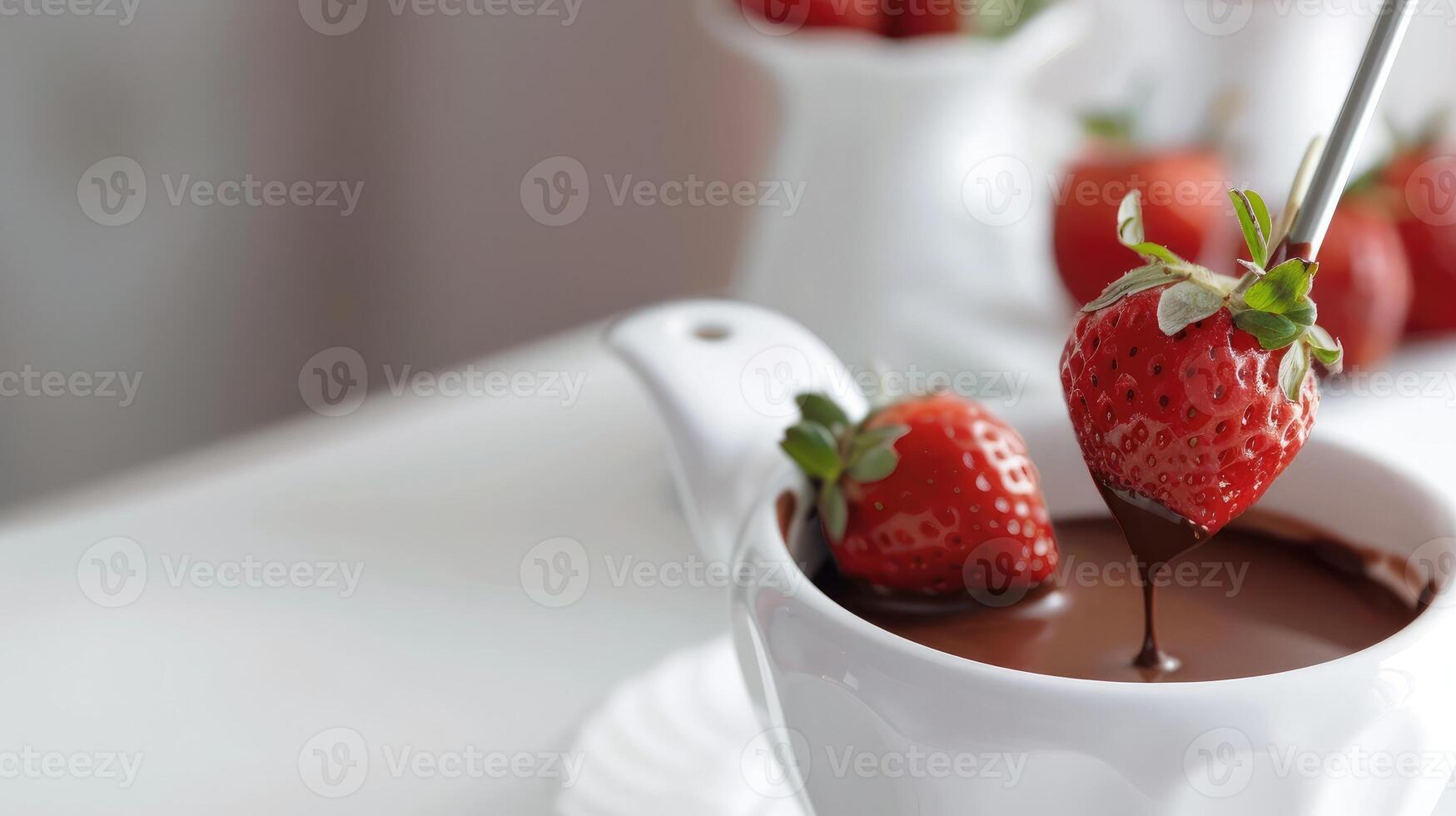 AI generated Dipping strawberry into fondue pot with chocolate on white table photo