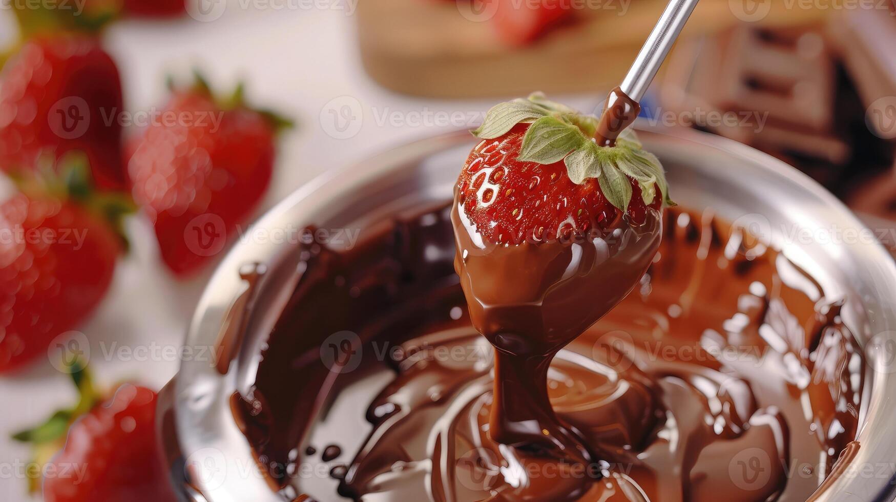 ai generado inmersión fresa dentro fondue maceta con chocolate en blanco mesa foto