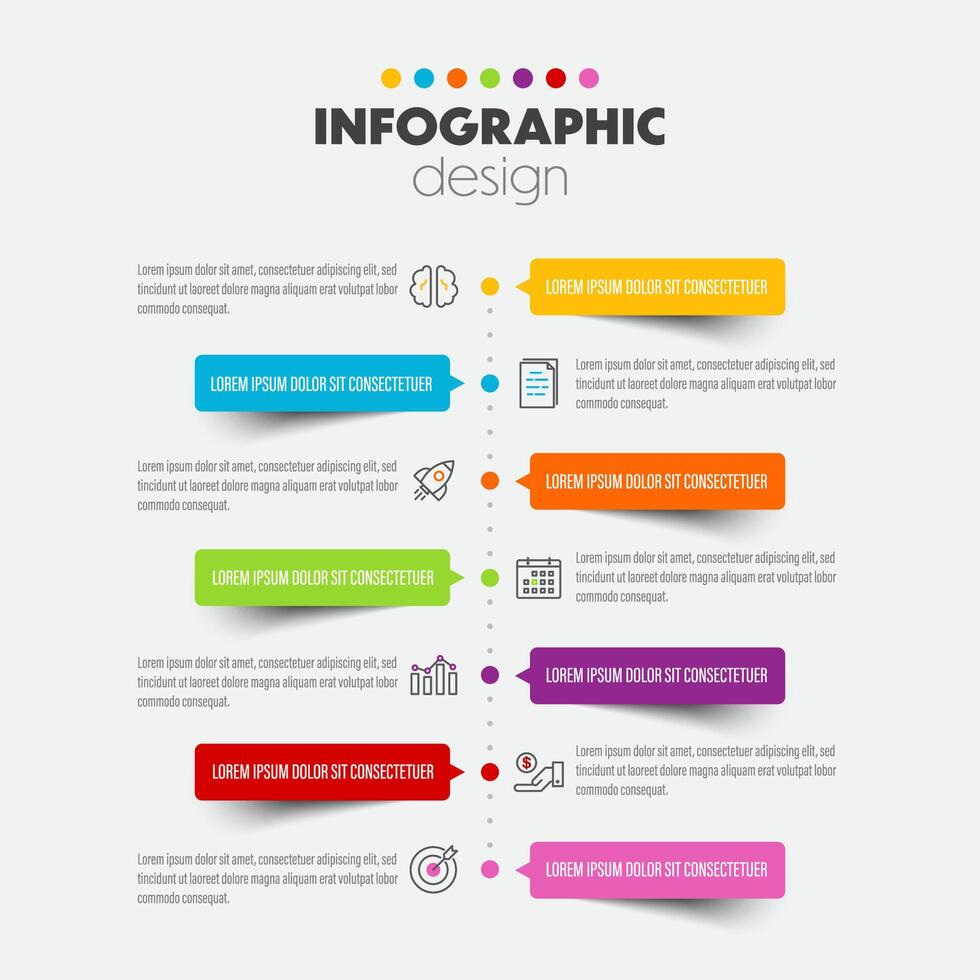 Vector colorful infographic design elements including charts, icons, and  business concept charts with 7 options.
