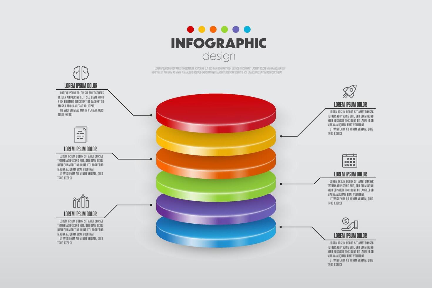 vector apilar de vistoso circulo infografía modelo con 3d para diagramas, gráficos, presentaciones y negocio concepto cartas con 6 6 opciones