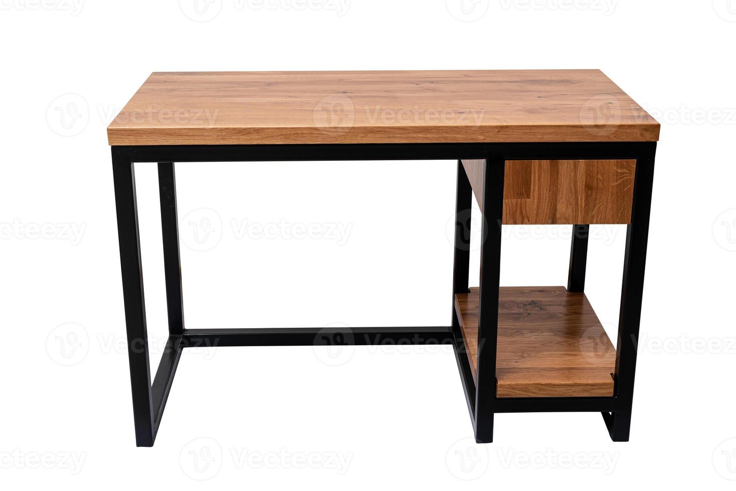 Front view of empty modern computer desk made of wood and steel isolated on white. loft style photo