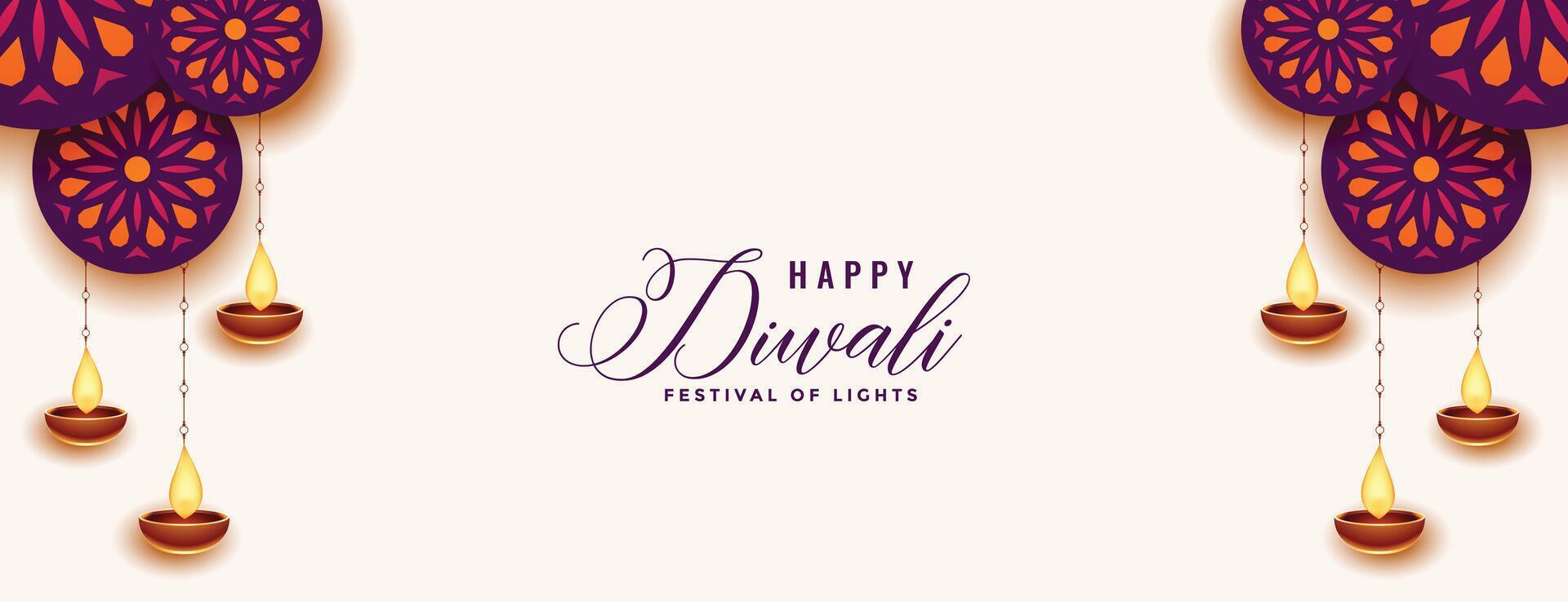 decorative happy diwali white banner with diya design vector