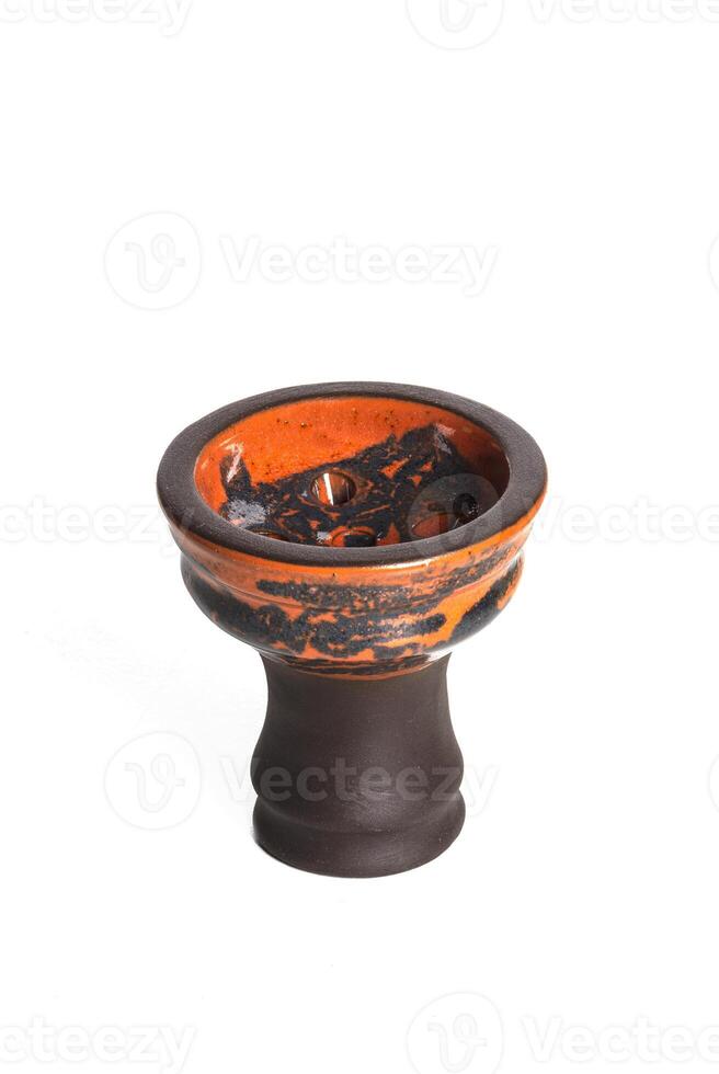 Brown orange ceramic clay hookah bowl isolated on white background. photo