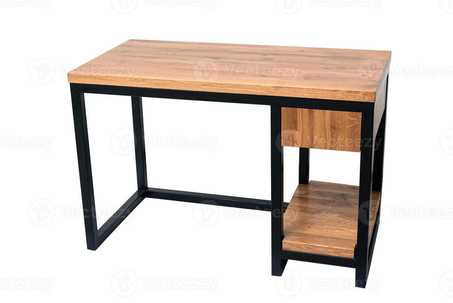 Front view of empty modern computer desk made of wood and steel isolated on white. loft style photo