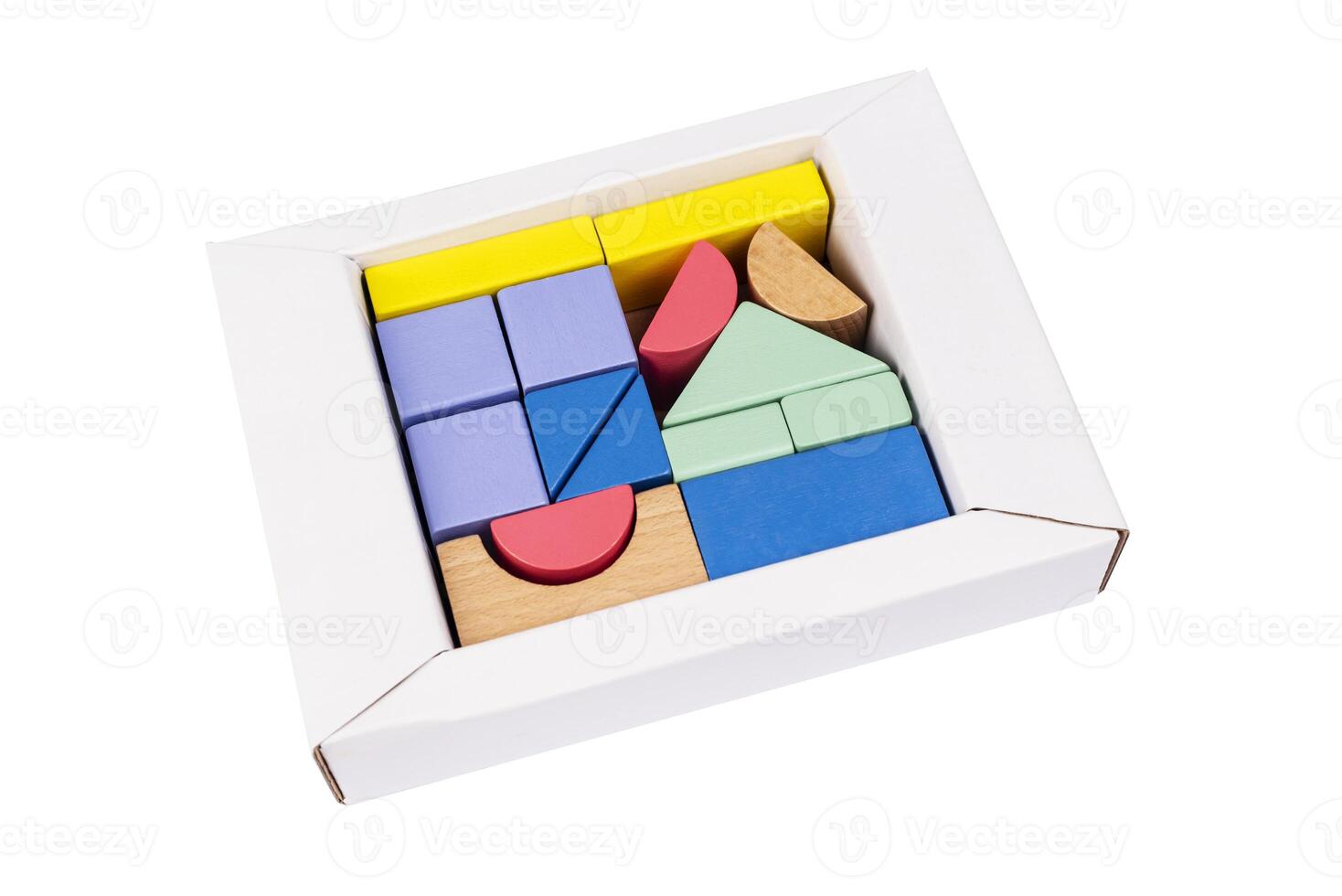 Coloured wooden figures in box on white background. Childrens building blocks. Geometric shapes. The concept of logical thinking. photo