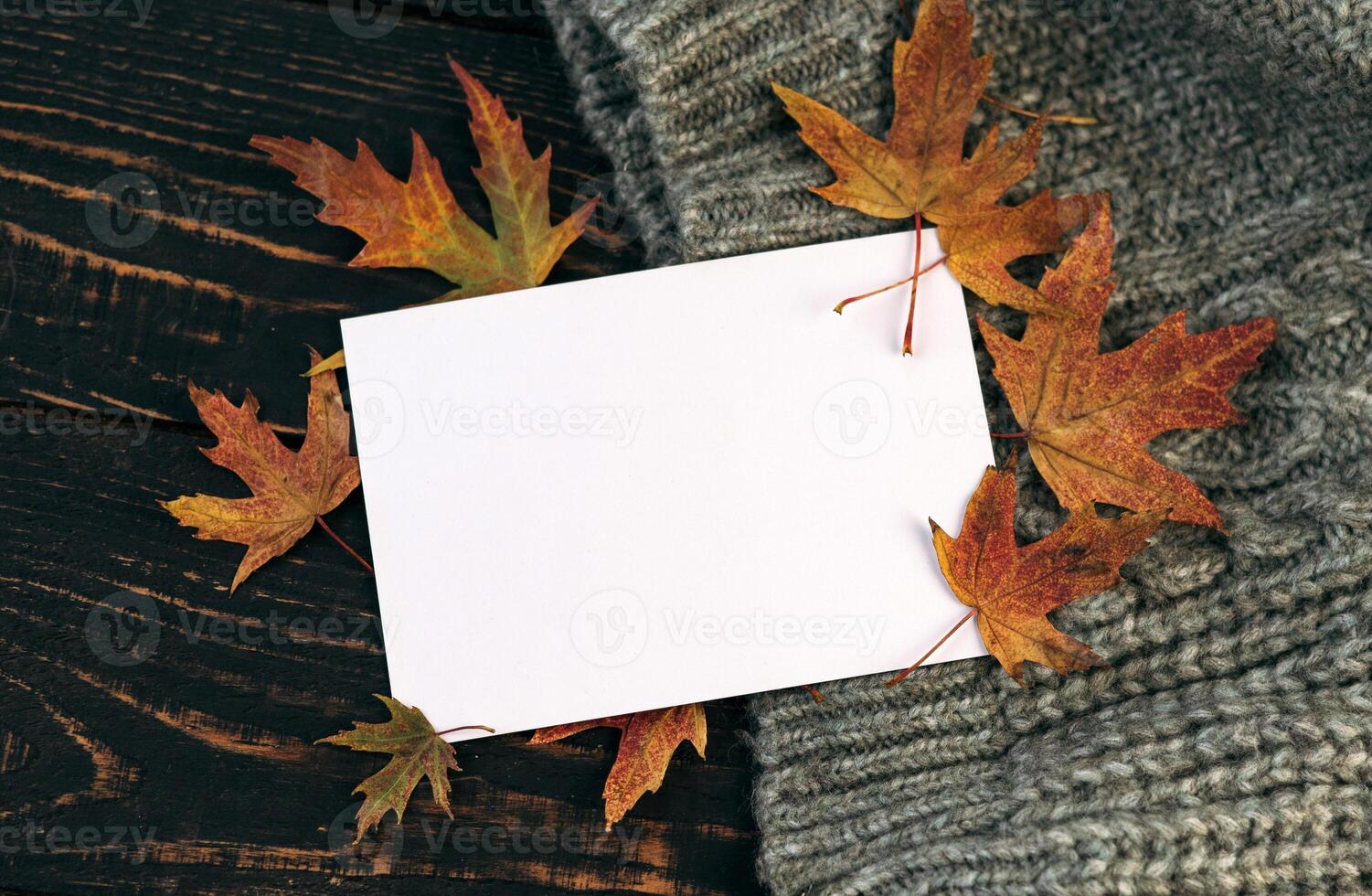 white blank card on the autumn background with fallen leaves and acorns on a knitted blanket. mockup photo