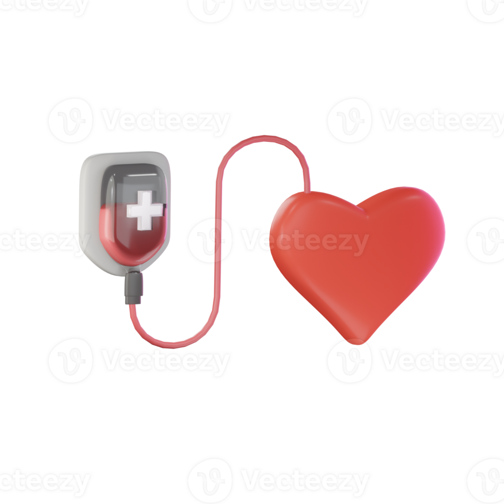 3D Blood Bag Transfusion Injection With Hearth Icons Illustration. Suitable for mobile apps website and more. png