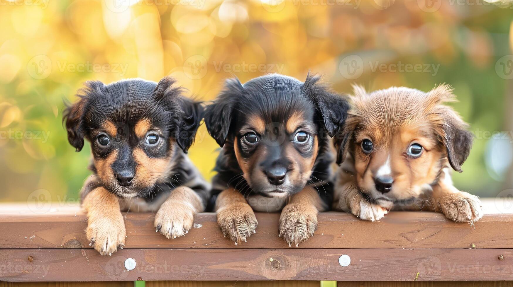 AI generated team of three little puppies looking at camera outdoor. photo