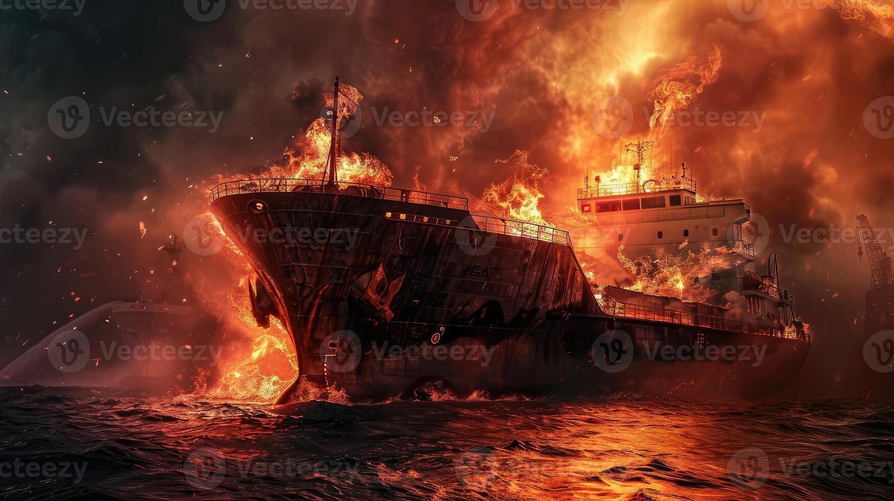 AI generated fire in the seaport burning ship, cargo ship photo