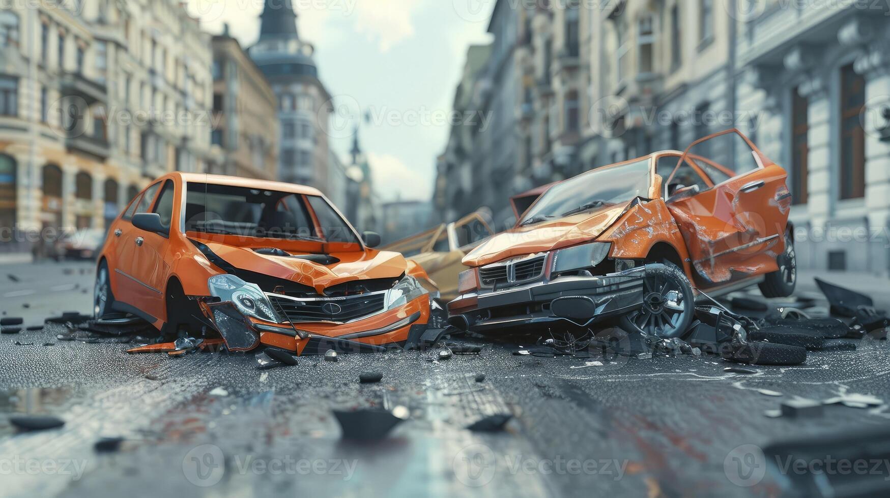 AI generated Two modern cars collided head on resulting in damage, street collision scene with wrecked vehicles photo