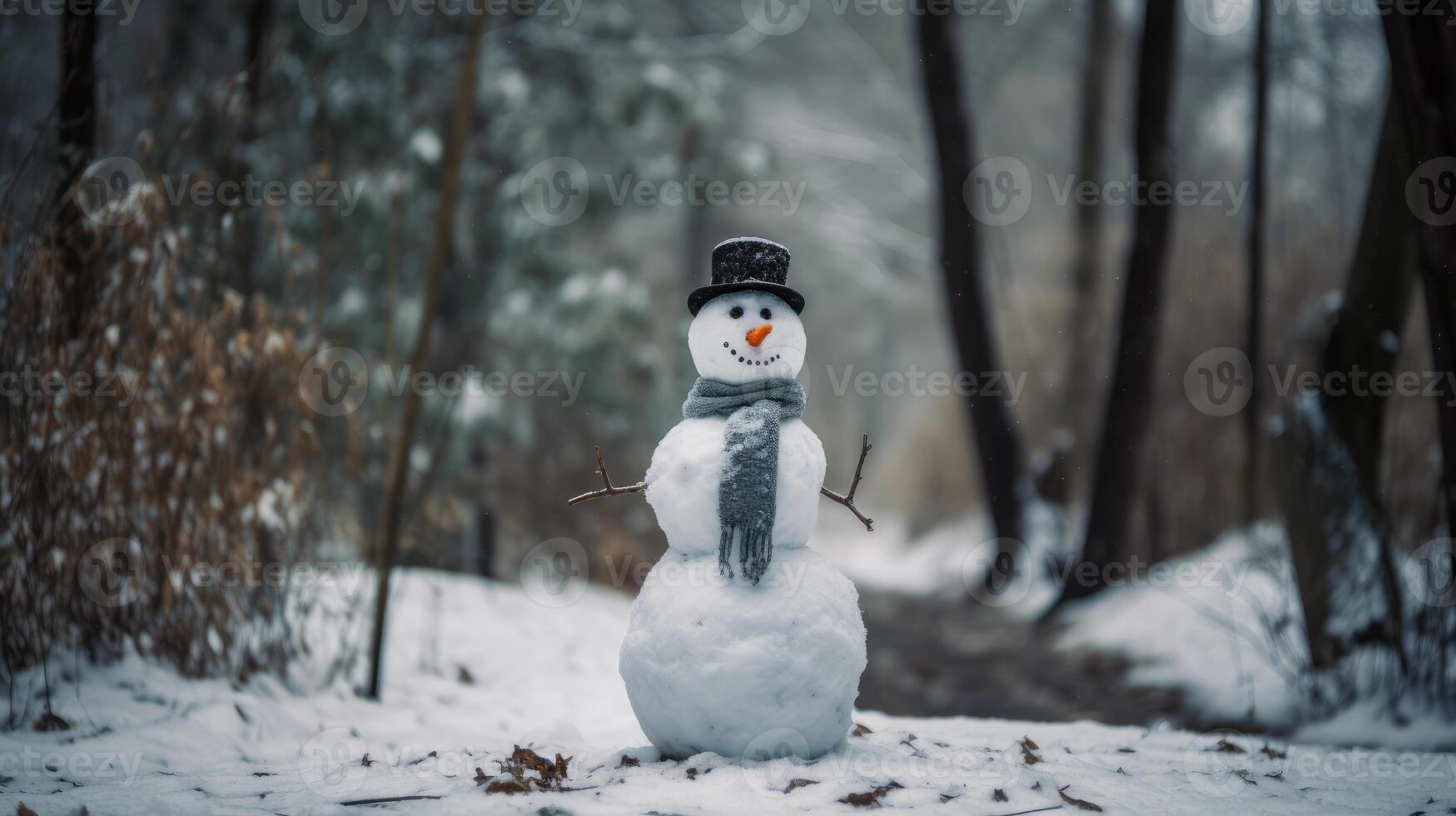 AI generated Snowman standing in winter. Little snowman made outside. Morning light, Winter landscape photo