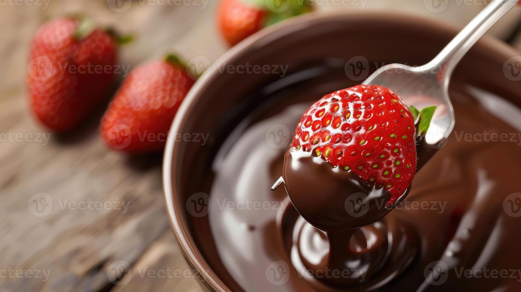 AI generated Fondue fork with strawberry in bowl of melted chocolate. photo