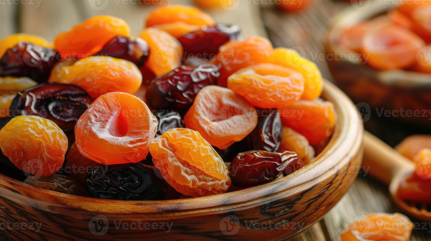 AI generated dates and dried apricot on wood background photo