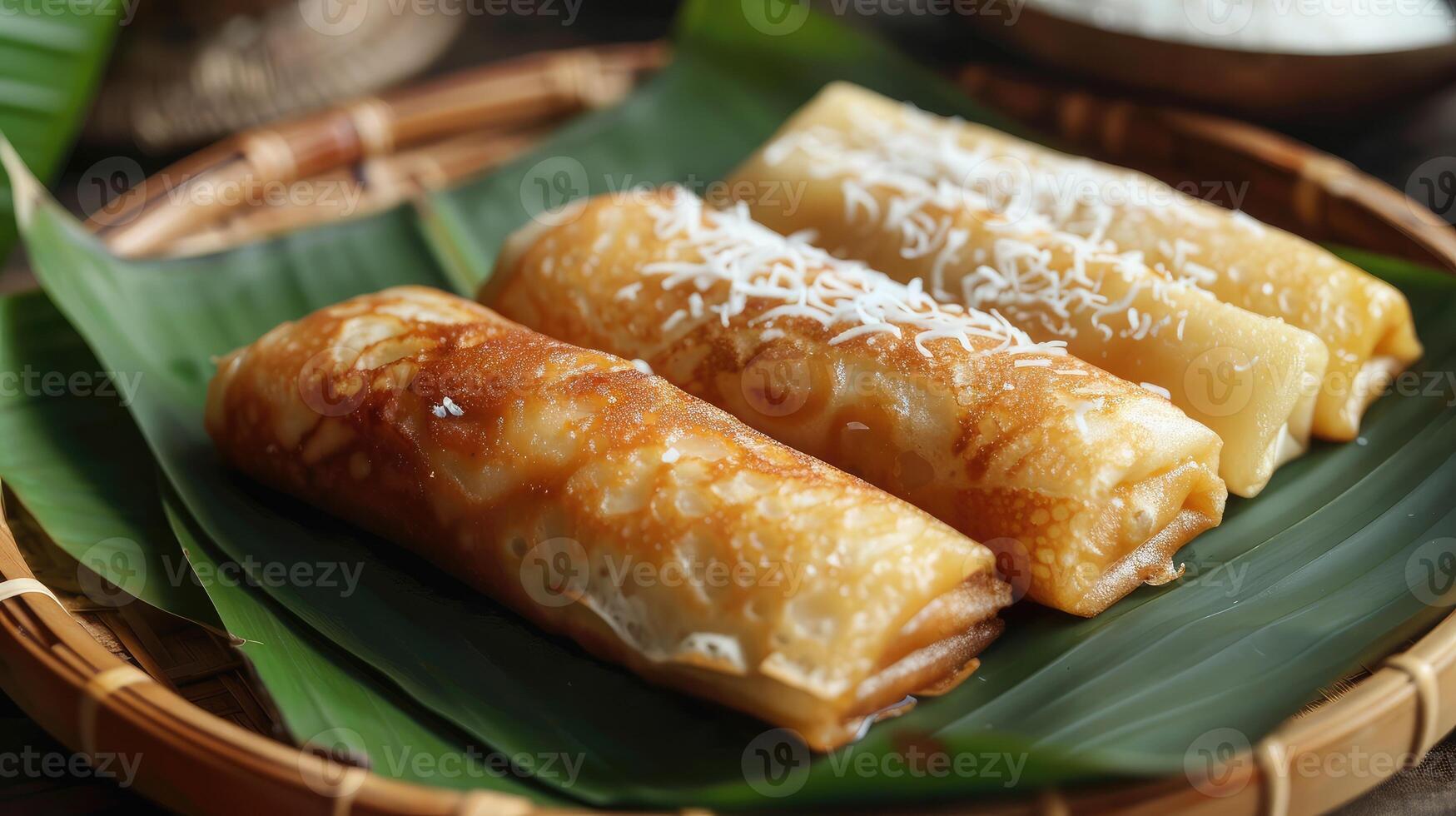 ai generado dadar gulung o arrollado panqueques son un típico indonesio y malasio comida cuales lata ser clasificado como un tortita lleno con rallado Coco mezclado con líquido palma azúcar foto